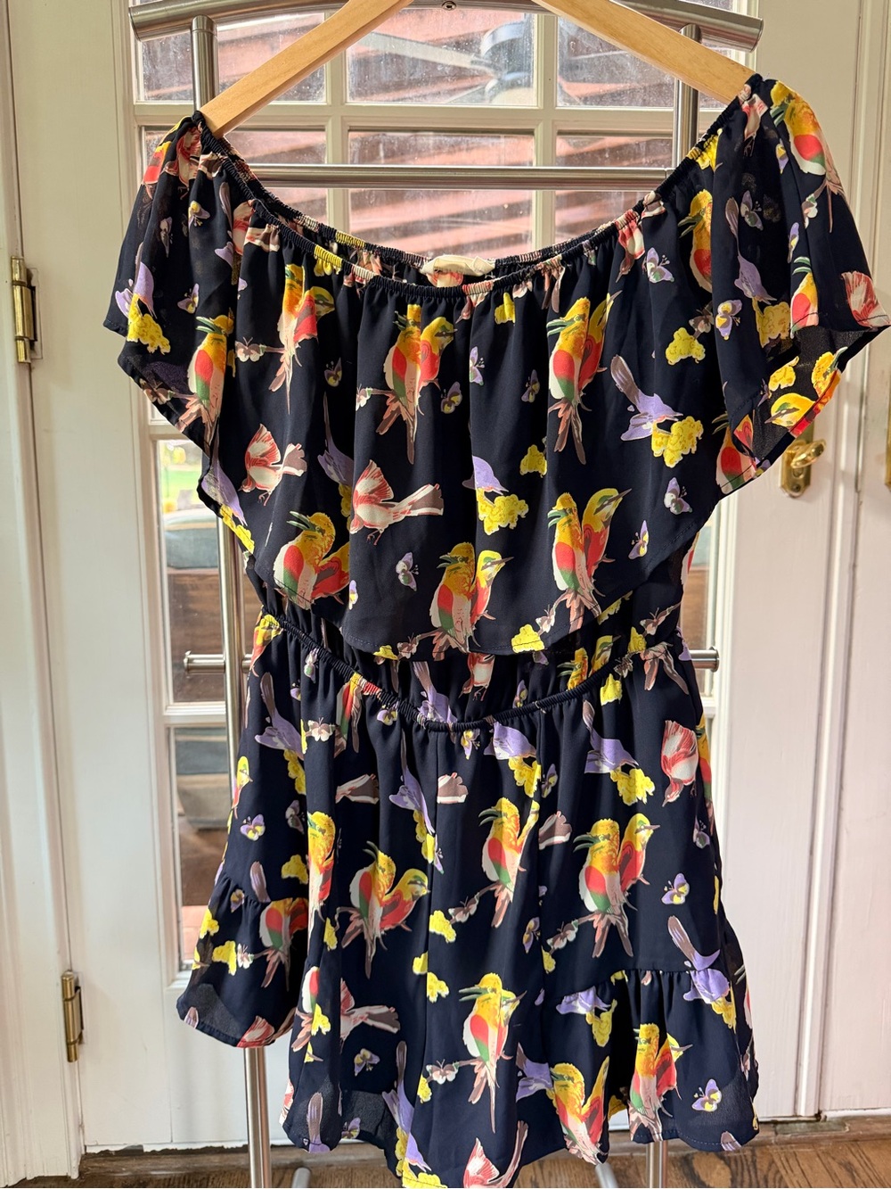 Peach Love California Black Floral & Bird Print Off-Shoulder Romper